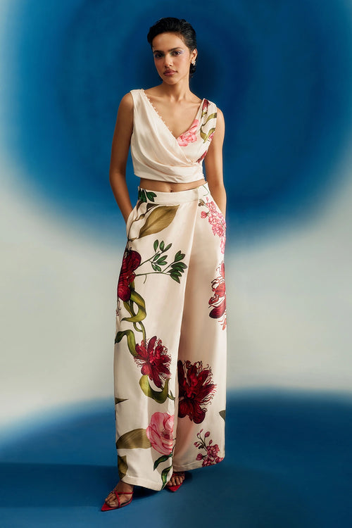 Drape Satin Top With Pearls And Pants Set