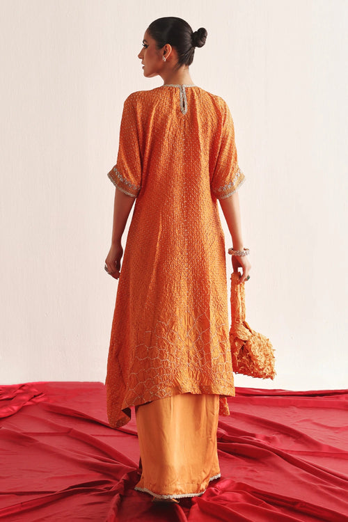 Mandarin Bandhani Long Kaftan Kurta With Marodiwork & Skirt