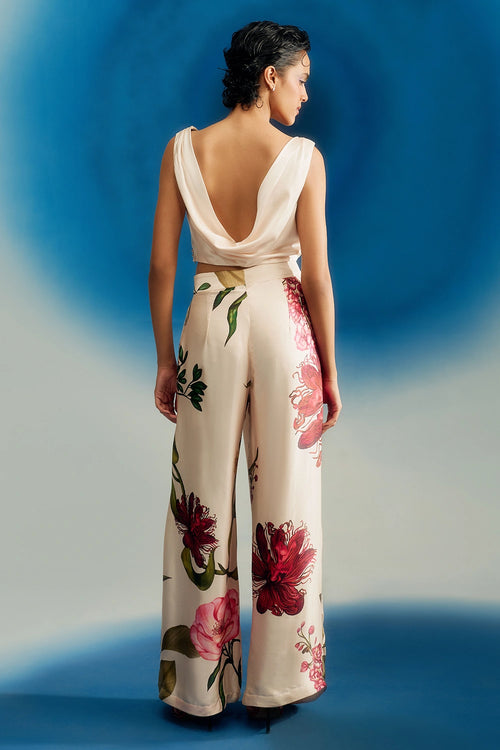 Drape Satin Top With Pearls And Pants Set
