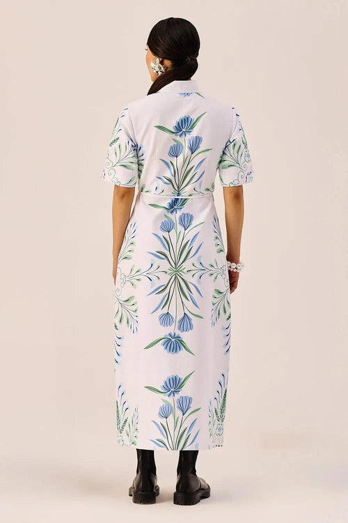 Blue-Green Botanical Print Midi Dress