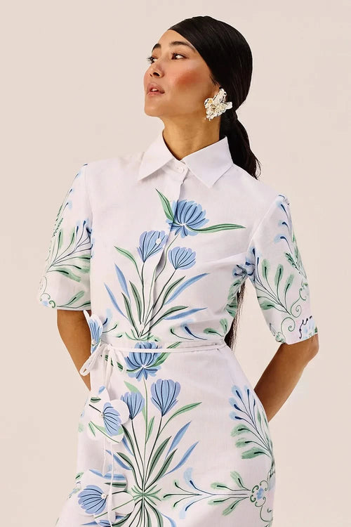 Blue-Green Botanical Print Midi Dress