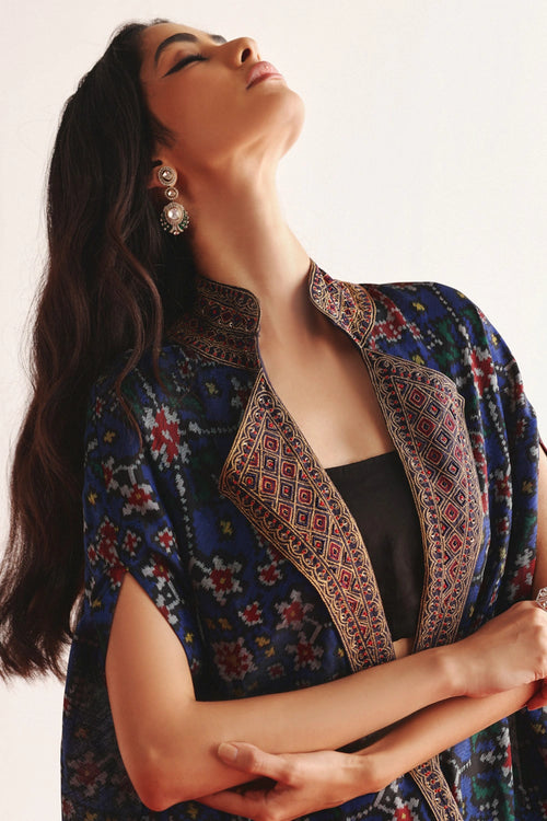 Indigo Marodiwork Short Patola Cape With Dhoti Pants
