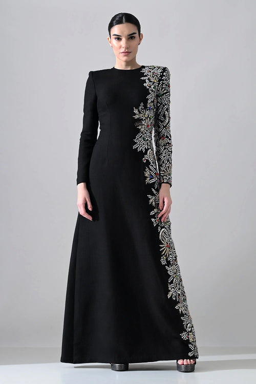 Black Gown With One-Sided Embellishment Details