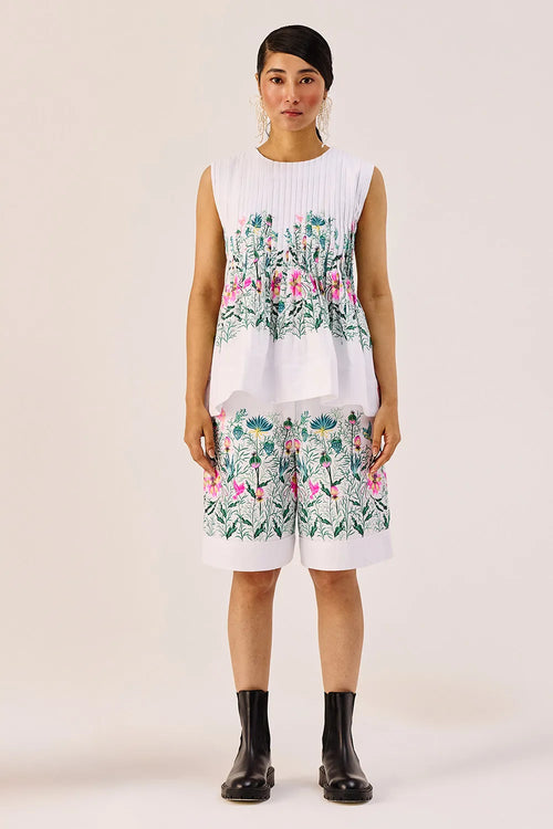White Floral Peplum Top And Shorts Set