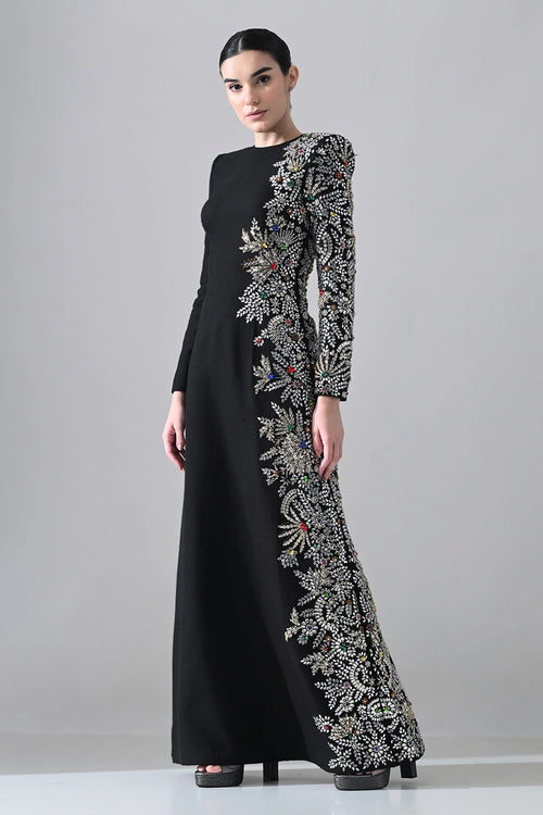 Black Gown With One-Sided Embellishment Details