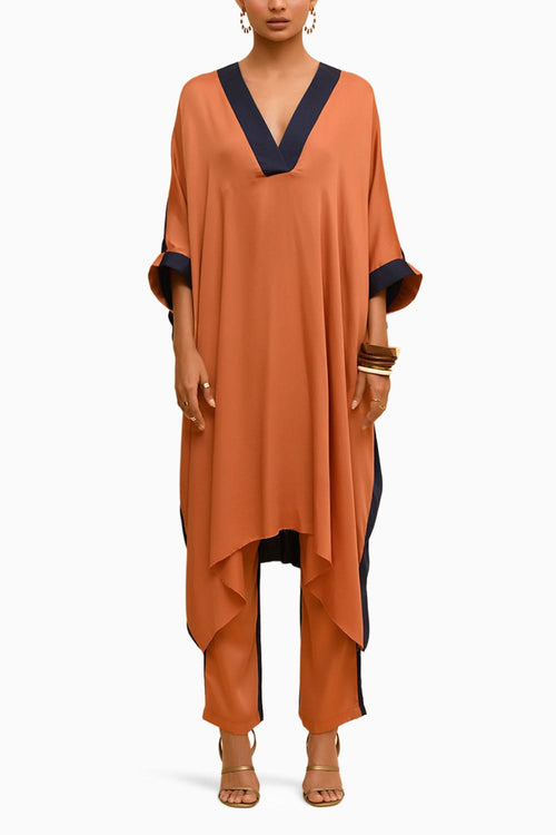Split Seam Silk V Neck Kurta & Dual Tone Pants