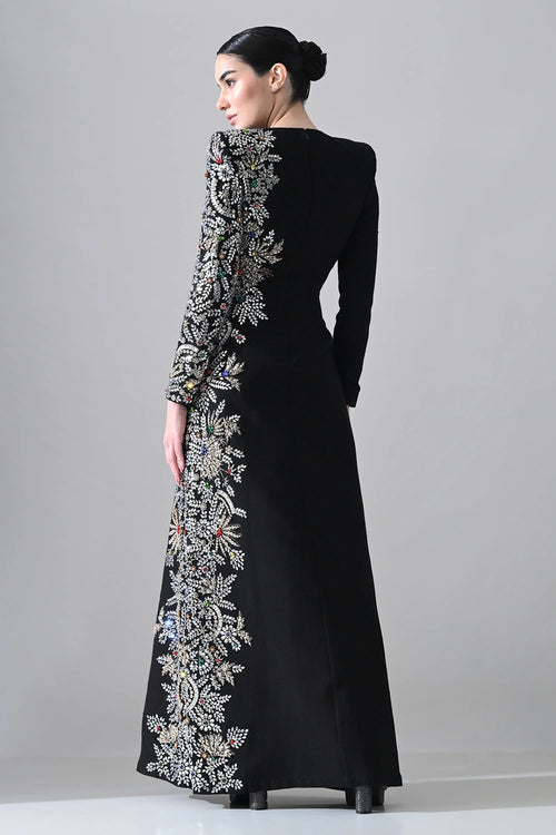 Black Gown With One-Sided Embellishment Details