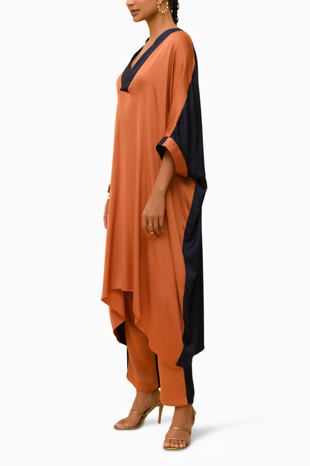 Split Seam Silk V Neck Kurta & Dual Tone Pants