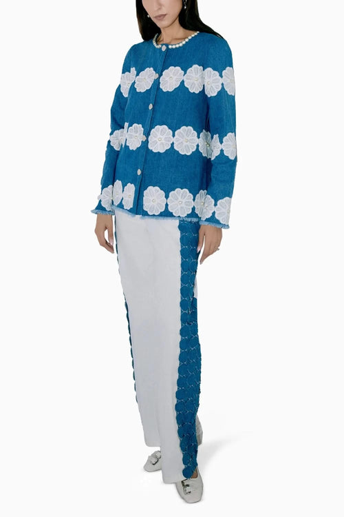 Denim Organza Flower And Pearl Set