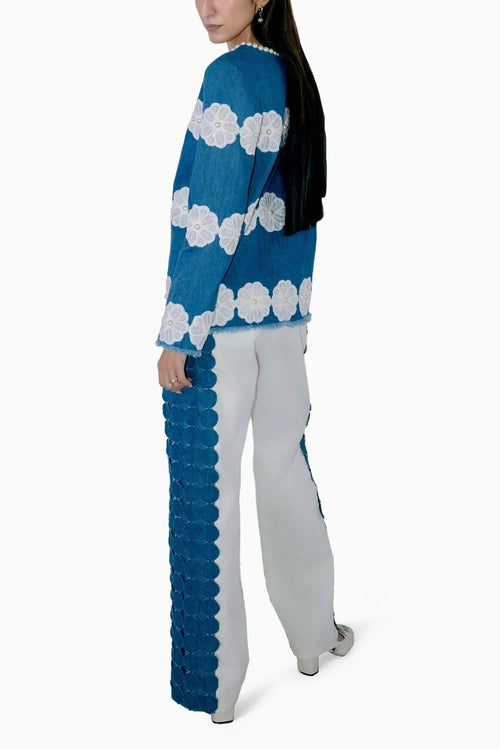Denim Organza Flower And Pearl Set