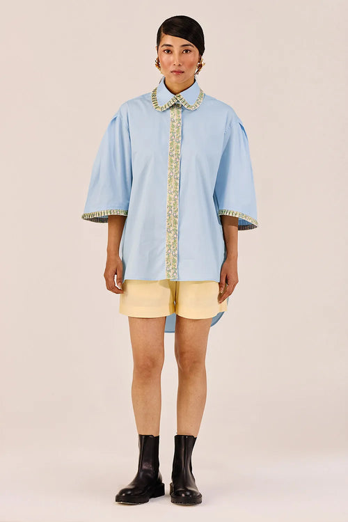 Powder Blue Oversized Shirt and Pastel Shorts Set