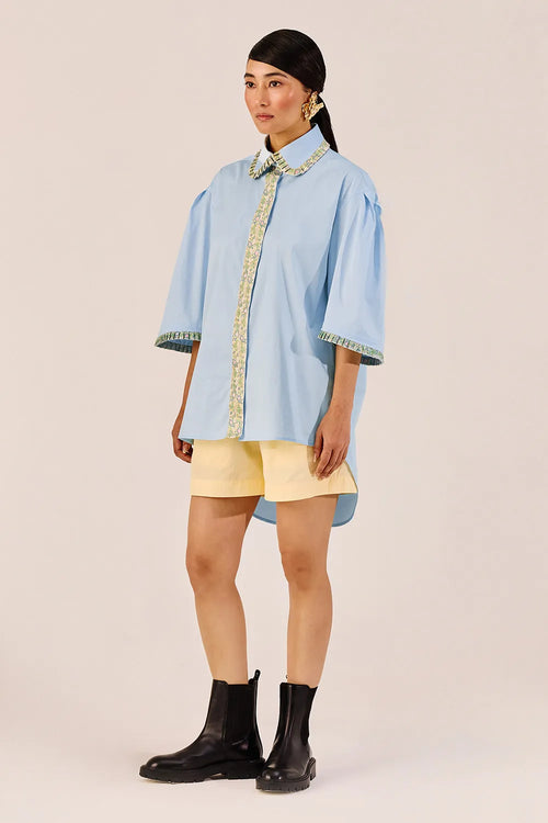 Powder Blue Oversized Shirt and Pastel Shorts Set