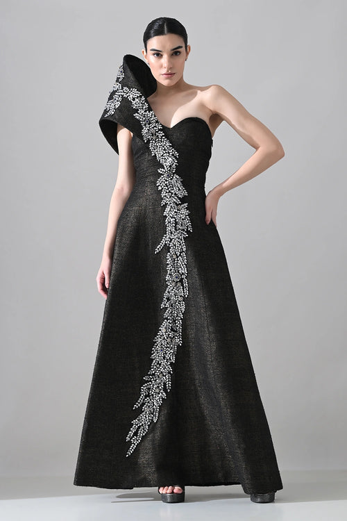 Black Sculpted Gown With Asymterical Crystal Handwork