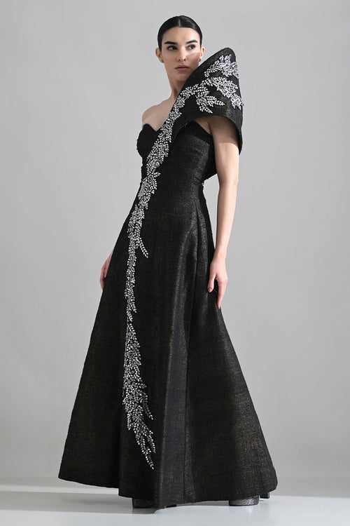 Black Sculpted Gown With Asymterical Crystal Handwork