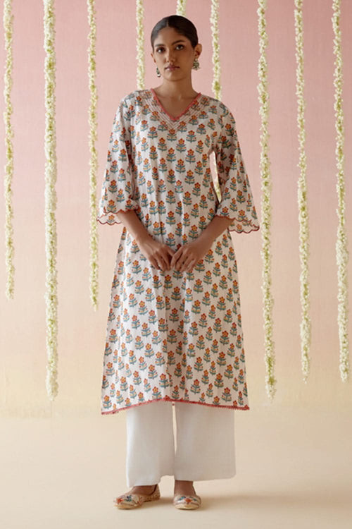 Rosa Red Floral Buta A-Line Kurta with Wide Leg Pants