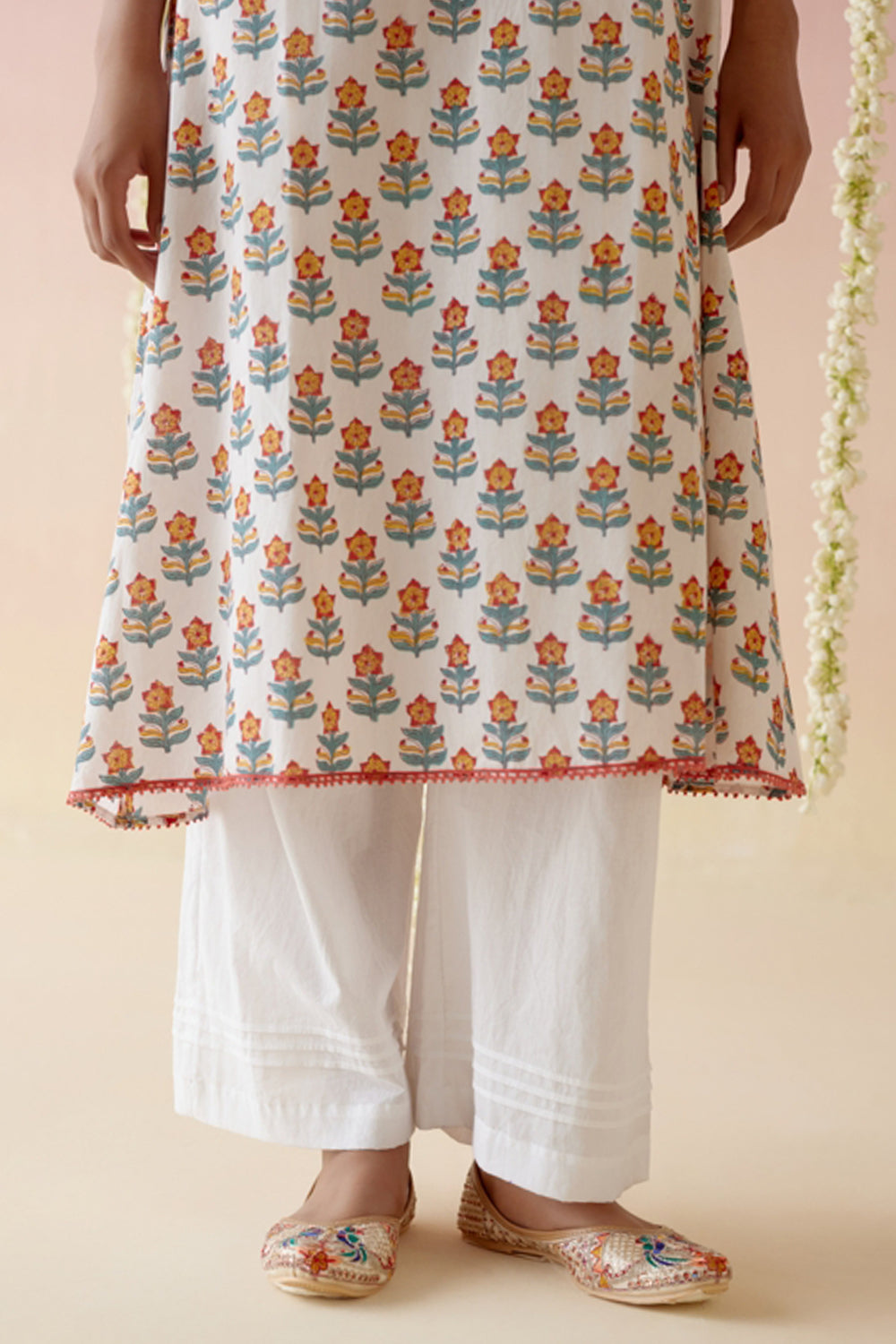 Rosa Red Floral Buta A-Line Kurta with Wide Leg Pants