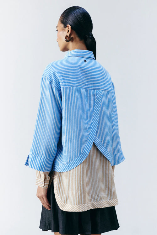Blue & Beige Dual Stripe Embellished Shirt