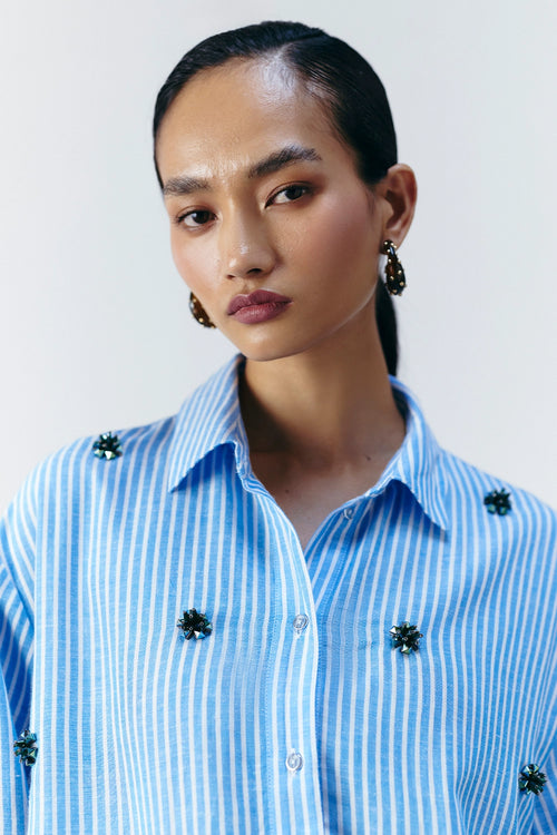 Blue & Beige Dual Stripe Embellished Shirt