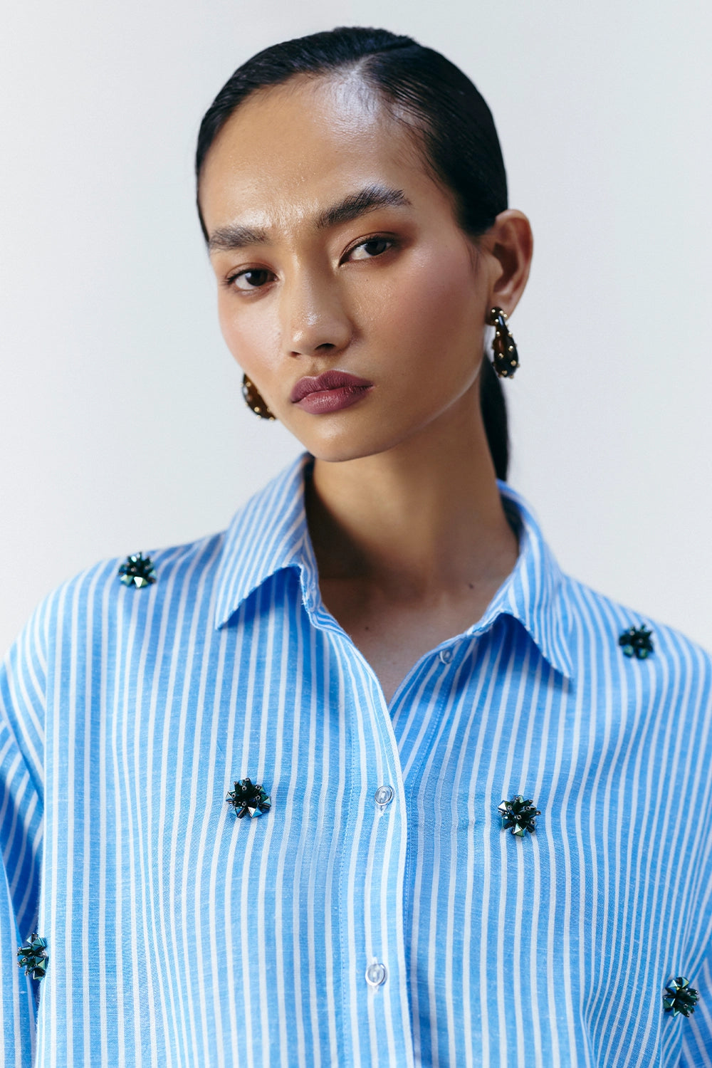 Blue & Beige Dual Stripe Embellished Shirt