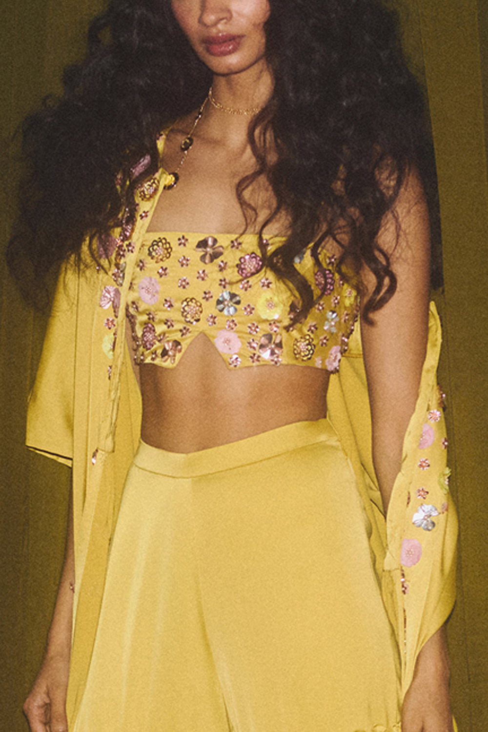 Yellow Embroidered Blouse with Cape and Pants