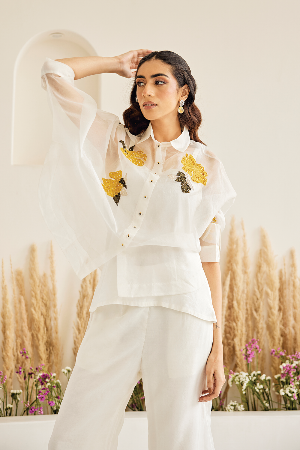 White Organza Applique Collar Shirt with Pants