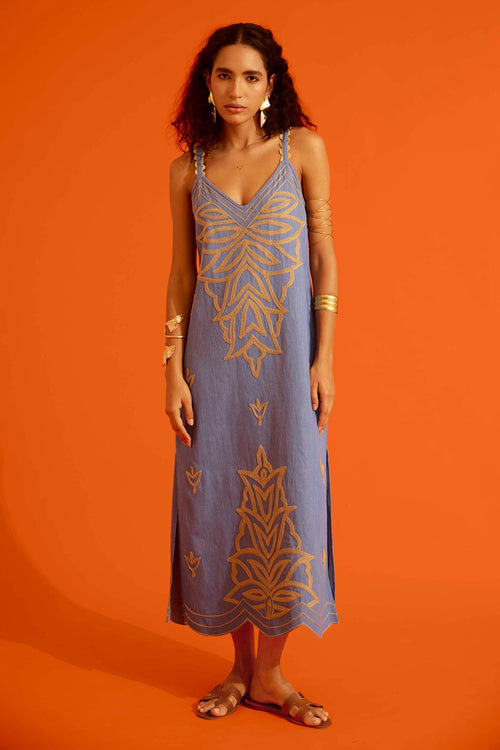 Denim Blue Strappy Dress with Thread Embroidery