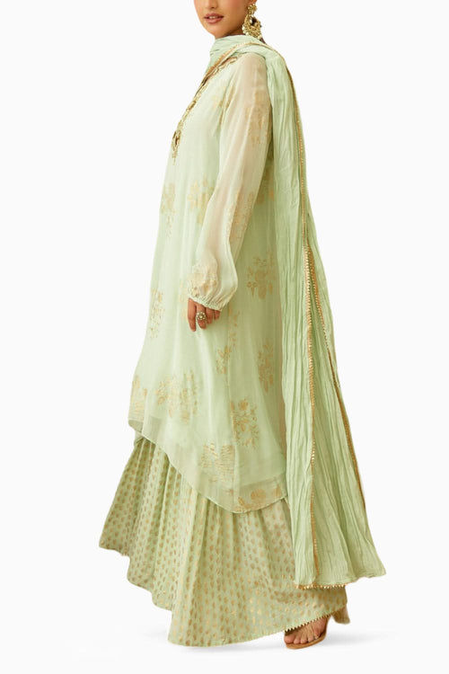 Mint Foil Embroidered Sharara Set