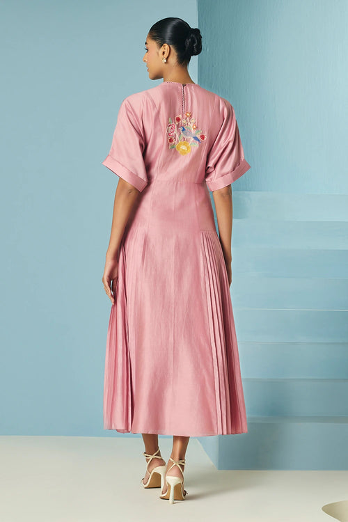 Blush Floral Embroidered Pleated Midi Dress