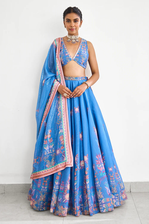 Blue Haze Printed Lehenga Set with Sequins Dupatta