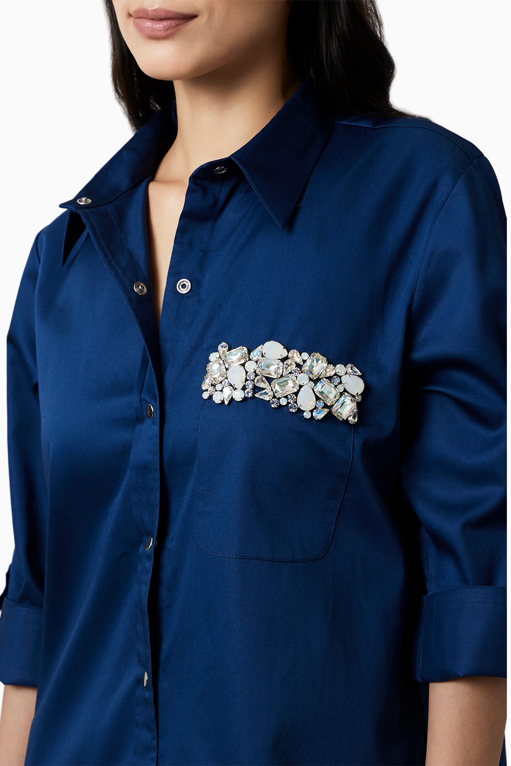 Midnight Blue Pocket Swarovski Shirt Dress