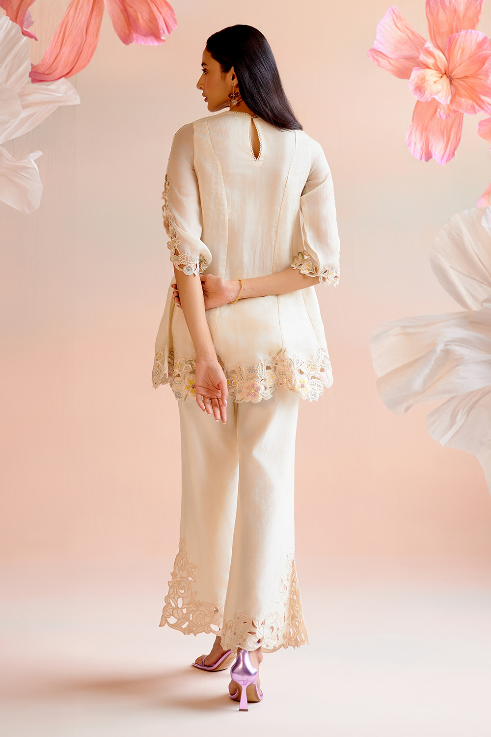 Ivory Cutwork and Beadwork Short Kurta with Bell Bottom Pant