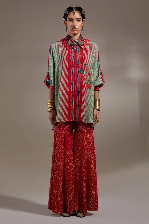 Ash Green Anka Mandala Shirt With Flared Pants