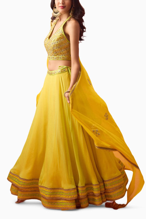 Lime Green Double Layer Organza Lehenga Set