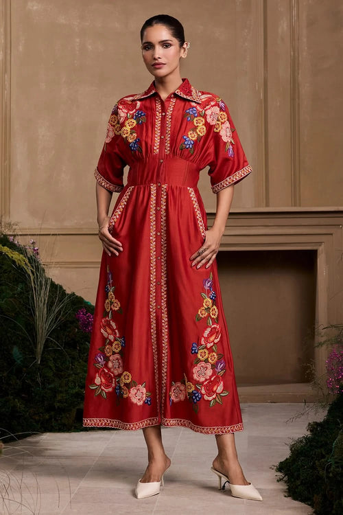 Red Embroidered Corseted Shirt Dress