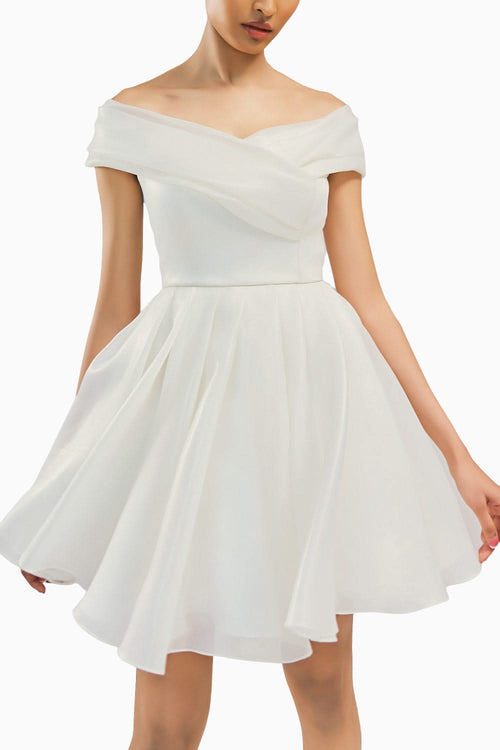 Ivy Pleated Off Shoulder Dress With A Back Bow