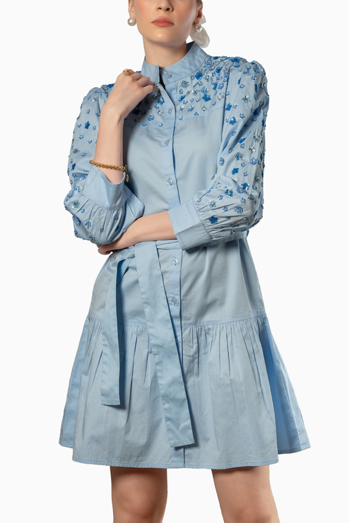 Blue Cotton Poplin Floral Emb Dress