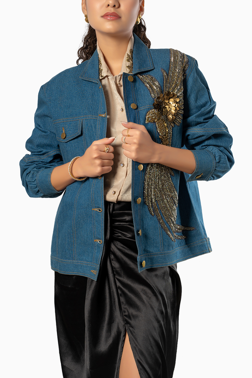 3D Bird Hand Emberoidered Denim Jacket