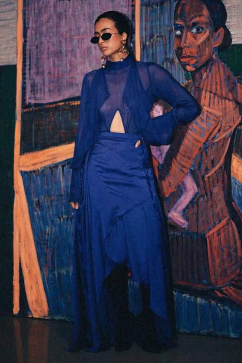 Indigo Draped Sheer Shirt with Panelled Skirt