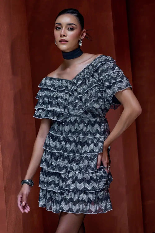 Black and Silver Off-The-Shoulder Metallic Ruffled Dress