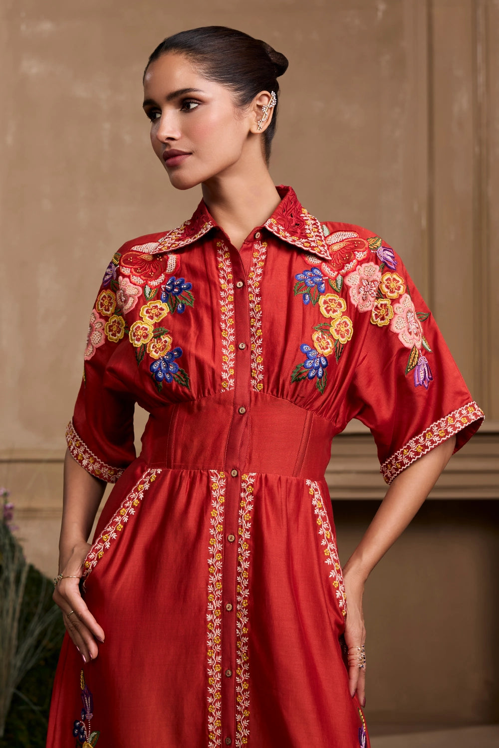 Red Embroidered Corseted Shirt Dress