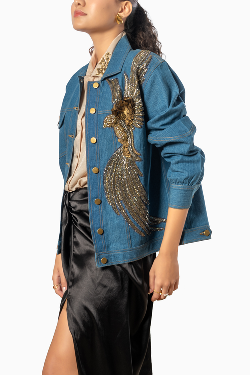 3D Bird Hand Emberoidered Denim Jacket