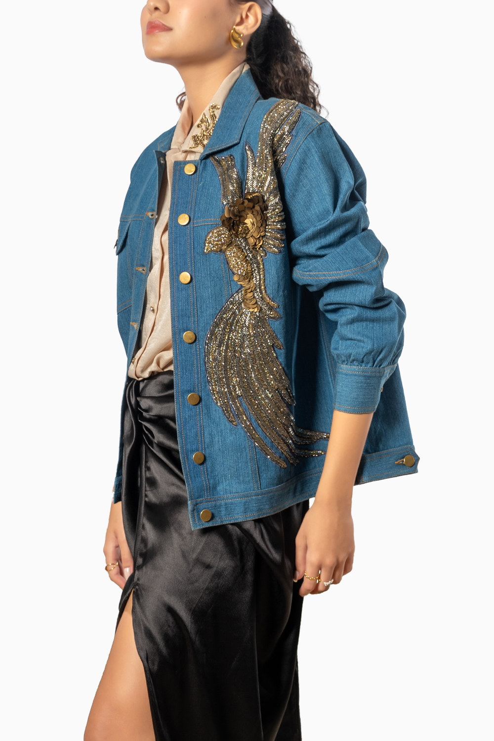 3D Bird Hand Emberoidered Denim Jacket