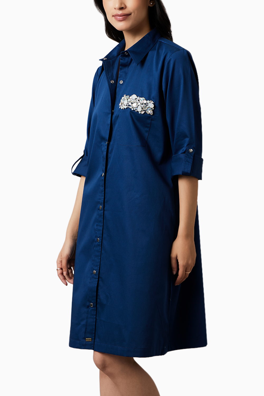 Midnight Blue Pocket Swarovski Shirt Dress