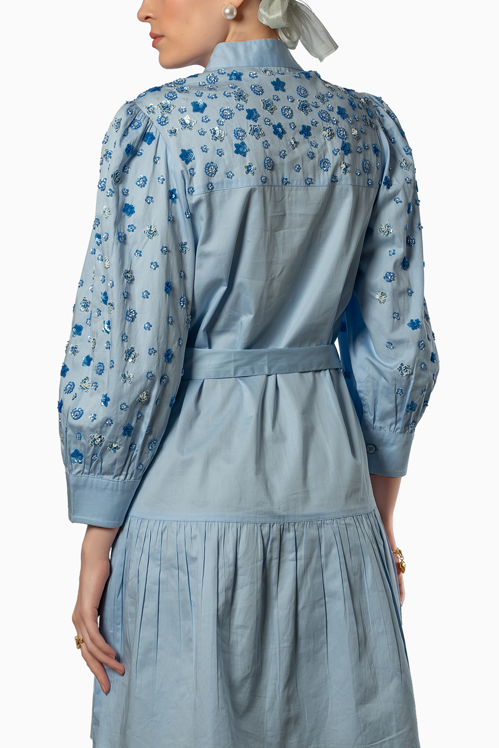 Blue Cotton Poplin Floral Emb Dress