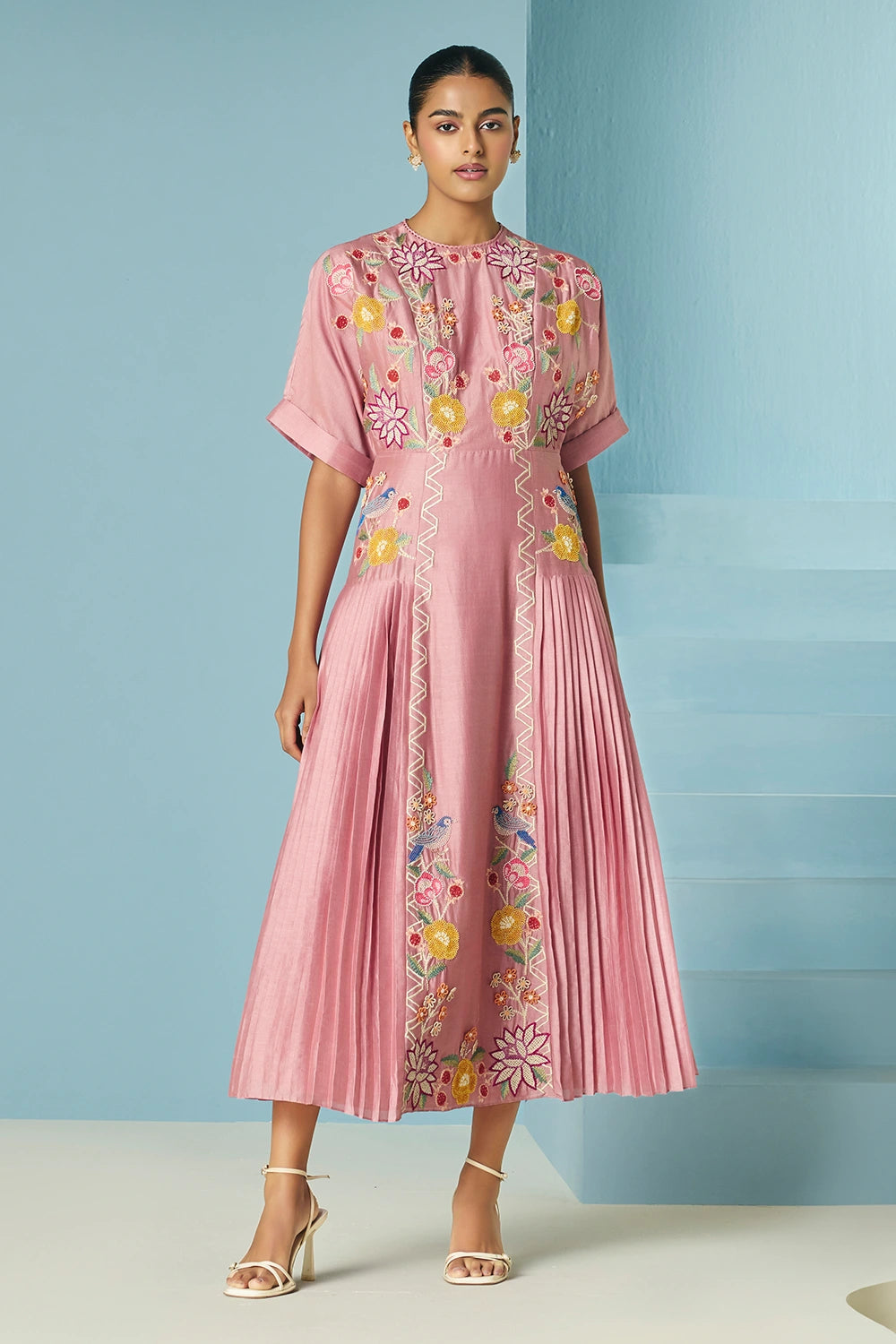 Blush floral embroidered pleated midi dress 3XL