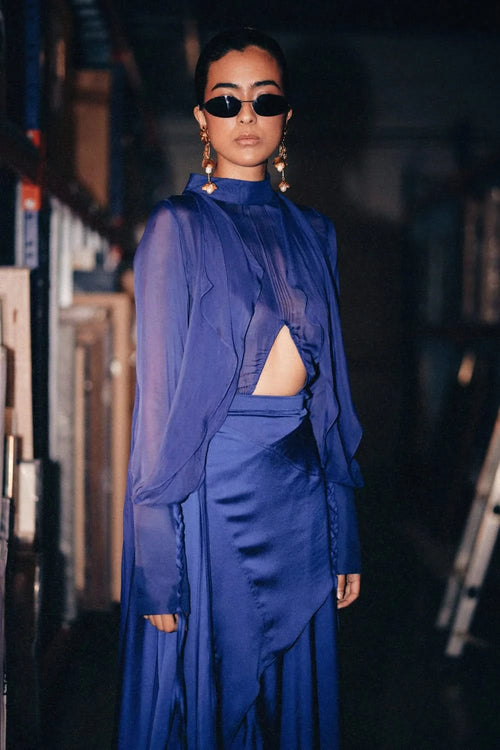 Indigo Draped Sheer Shirt with Panelled Skirt