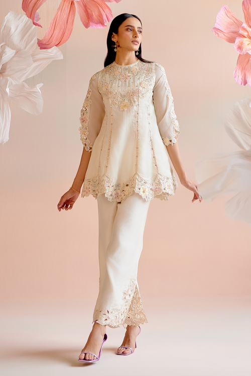 Ivory Cutwork and Beadwork Short Kurta with Bell Bottom Pant