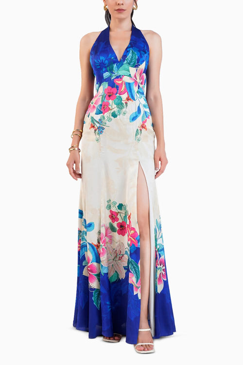 Floral Expression Printed Halter Neck Dress With Slit