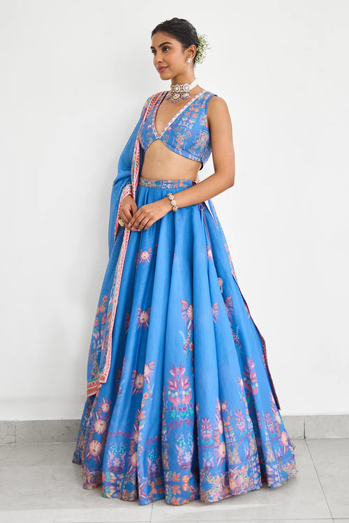 Blue Haze Printed Lehenga Set with Sequins Dupatta