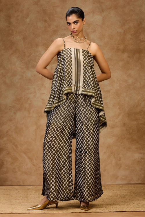Olive Mosaic Strappy Top And  Pants Set